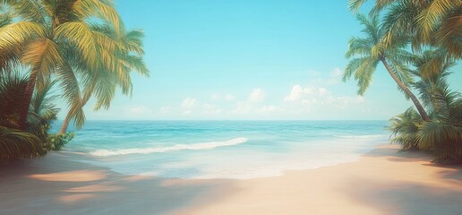 Serene beach scene with palm trees and calm ocean waves under a clear sky.