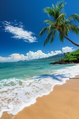 Naklejka premium Serene tropical beach with palm trees, turquoise waves, and a clear blue sky, perfect for travel and relaxation themes.