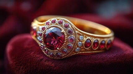Elegant gold ring with red and white gemstones on a velvet surface.