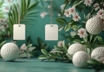 Delicate White Tags on String Hanging Beside a Lush Green Plant


