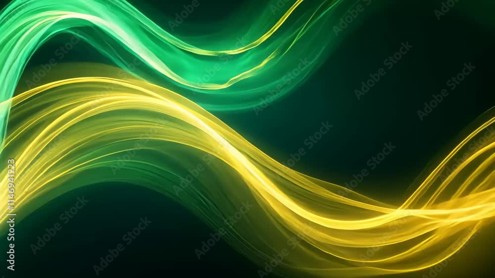 Poster swirling colors of green and yellow intertwine, creating an abstract representation of light trails 