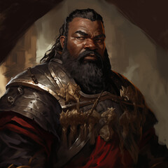 Portrait of a dark complexion male dwarf in a city from a fantasy world.