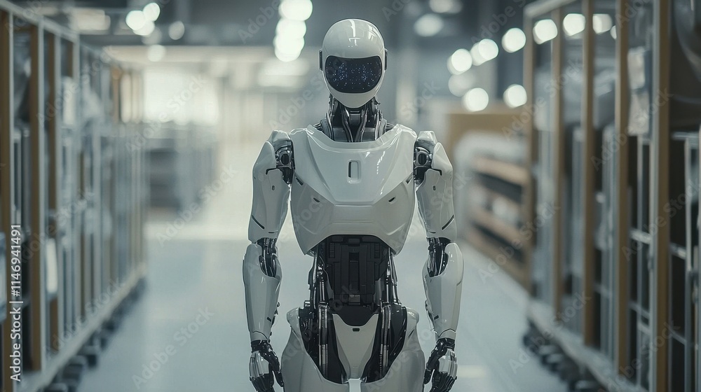 Poster advanced ai powered robotic assistant in modern warehouse environment with futuristic design and fea