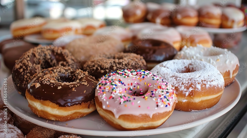Poster a plate of donuts with chocolate and powdered sugar. there are also some with sprinkles. the donuts 