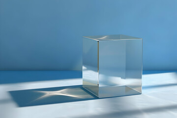 A clear geometric cube casting shadows on a blue surface, highlighting transparency and light.