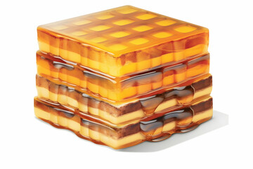 A stack of colorful, layered gelatin desserts resembling waffles.