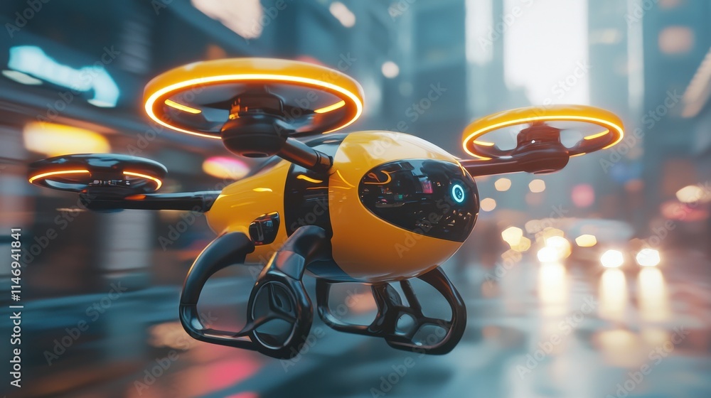 Poster autonomous delivery drone operating in high-tech urban environment with futuristic design and vibran