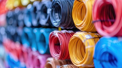 Colorful Rolls of Electrical Wires in a Hardware Store