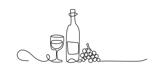 One-Line Wine Bottle and Glass Illustration | Minimalist Continuous Line Art with Grapes | Vector Design