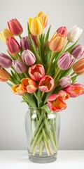 Obraz premium Vibrant tulips in a clear glass vase, colorful blooms, red, flowers, glass
