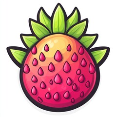 Cartoon strawberry with vibrant red and yellow gradient, detailed seeds, and green leaves.