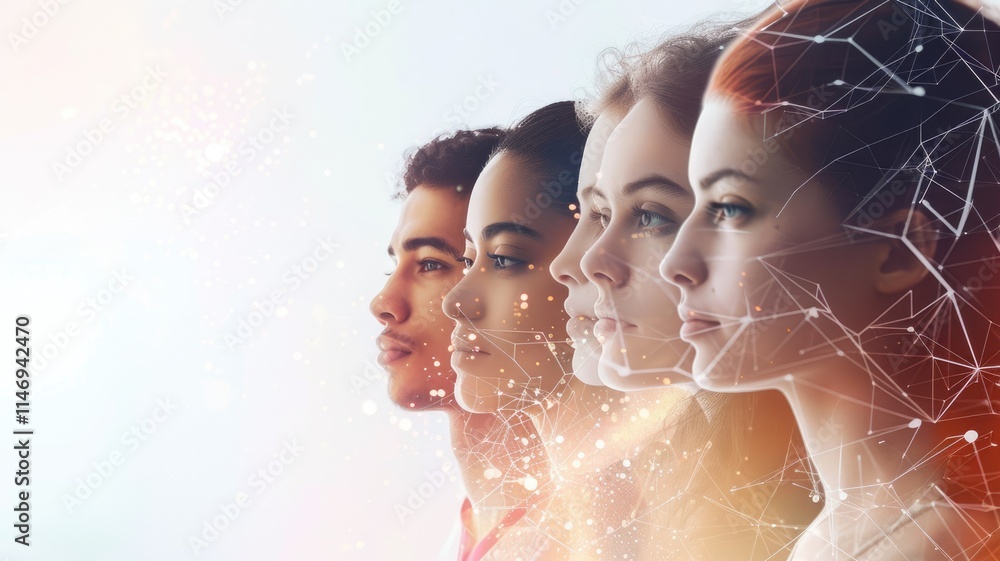 Poster picture symbolized people connect with particle connecting represent internet system for communicati