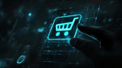 Glowing shopping cart hologram digital sale promotion poster design for holiday shopping season.