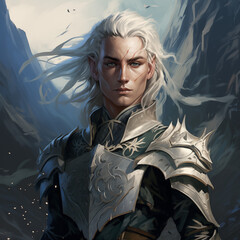 Portrait of a white-haired male elf warrior on a mountain from a fantasy world.