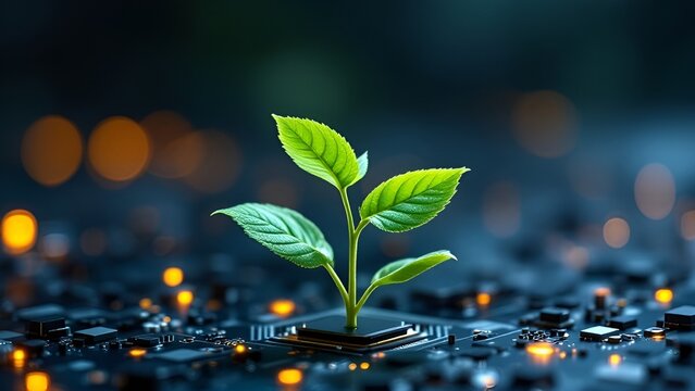 A green plant sprout growing on a circuit board with glowing lights and a blurred, dark background created with generative ai - Powered by Adobe
