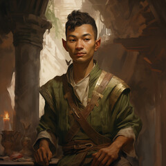 Portrait of a medium complexion male elf in a forest from a fantasy world.