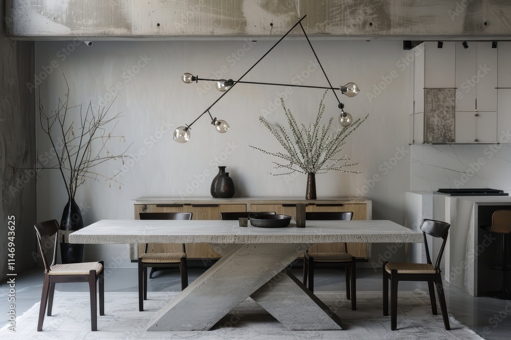 Poster modern dining area featuring minimalist design with sculptural table and unique lighting in a contem