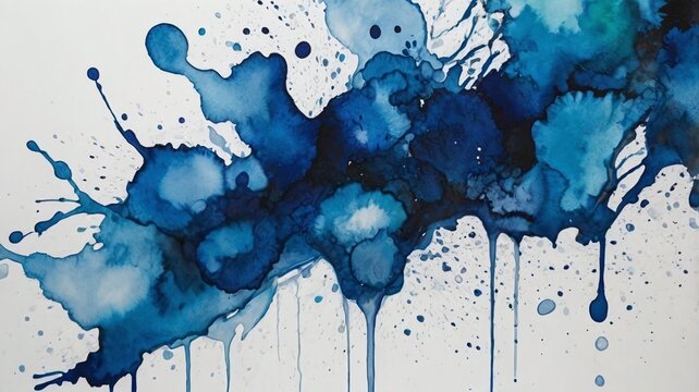 Abstract watercolor painting with blue splashes on white background