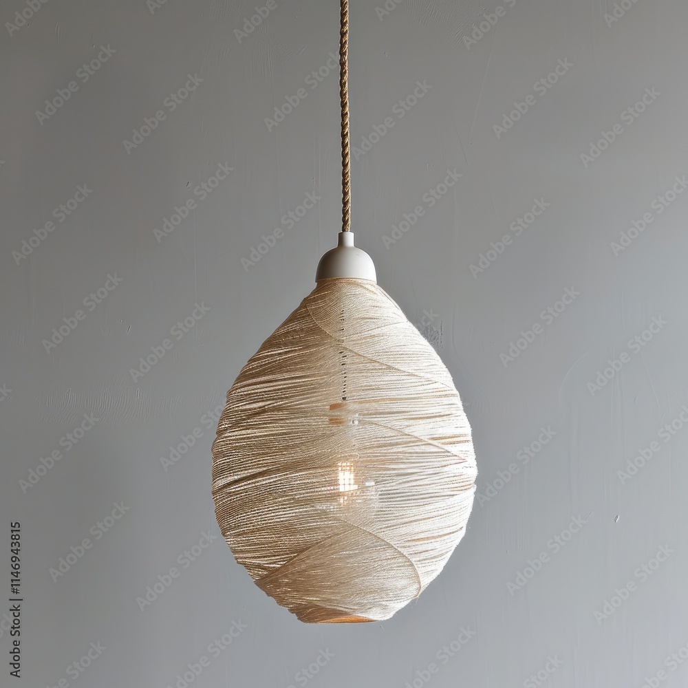 Poster a white ceiling pendant light with beige yarn in the shape of an oval, isolated on a clear backgroun