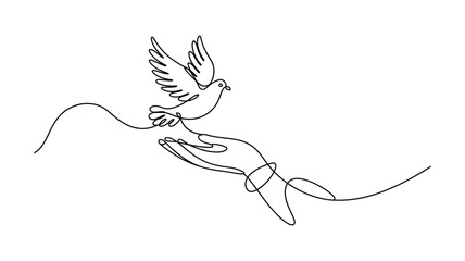 One-Line Art of Dove in Flight from Open Hand | Symbolic Vector of Peace and Freedom