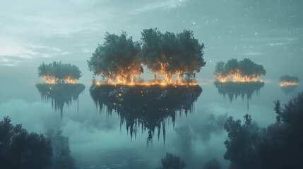 A Surreal Landscape with Floating Islands, Suspended in a Dreamlike Sky, Adorned with Lush Greenery and Waterfalls Cascading into the Clouds, Bathed in Ethereal Light and a Mystical, Otherworldly Glow