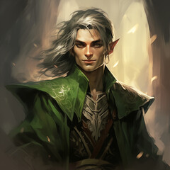 Portrait of a white-haired male elf in a forest from a fantasy world.