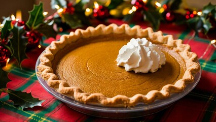 whipped cream festive dessert pumpkin pie Christmas rustic pie holiday season holiday food plaid tablecloth Christmas decorations