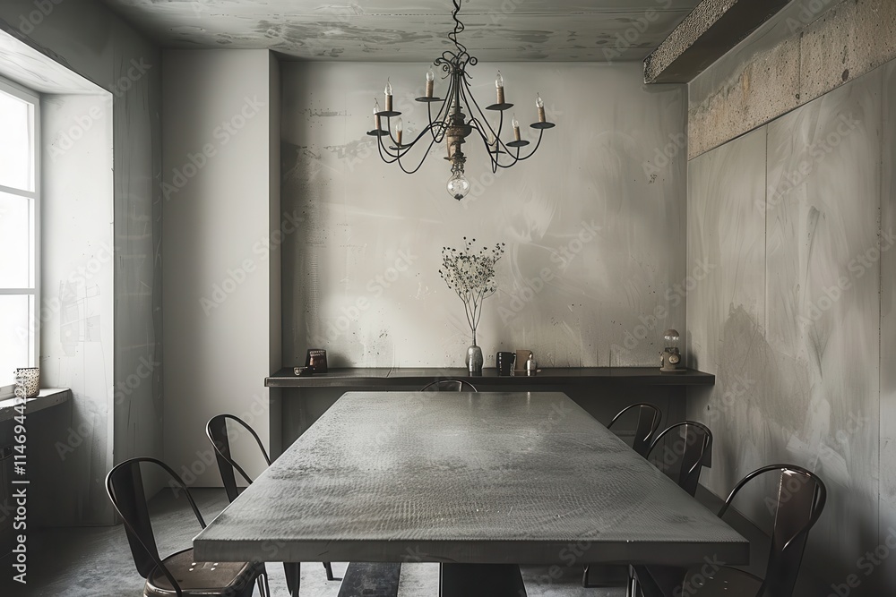 Aufkleber modern dining area featuring minimalist design with sculptural table and unique lighting in a contem