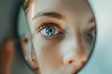 Girl looking closely into a small mirror reflecting her striking blue eye while she examines her makeup in natural light