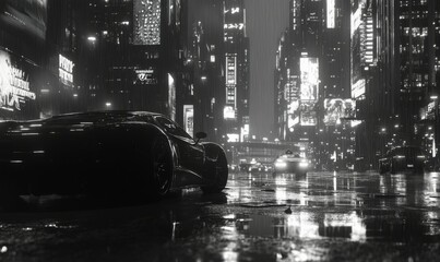 Naklejka premium Rain-soaked city pavement with glistening reflections of distant lights in grayscale. .