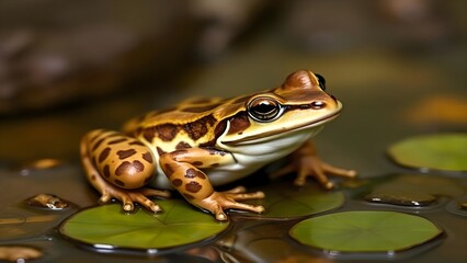 Obraz premium Close-Up of Yellow and Brown Spotted Frog on Green Lily Pad