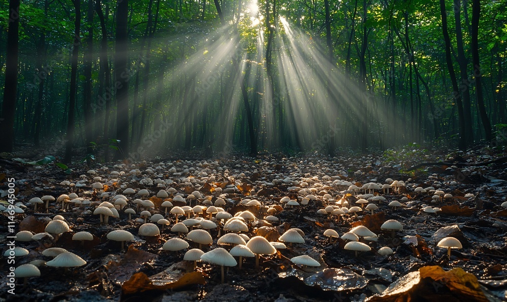Poster sunlight streams through trees onto a forest floor covered with mushrooms.