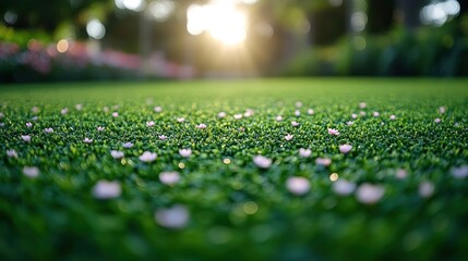 Naklejka premium Pink petals scattered on green artificial grass at sunset.
