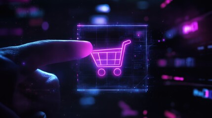 Glowing shopping cart hologram digital sale promotion poster design for holiday shopping season.