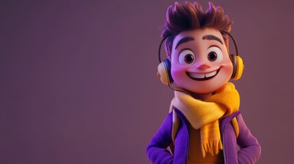 Fototapeta premium happy 3D cartoon boy with headphones around his neck.