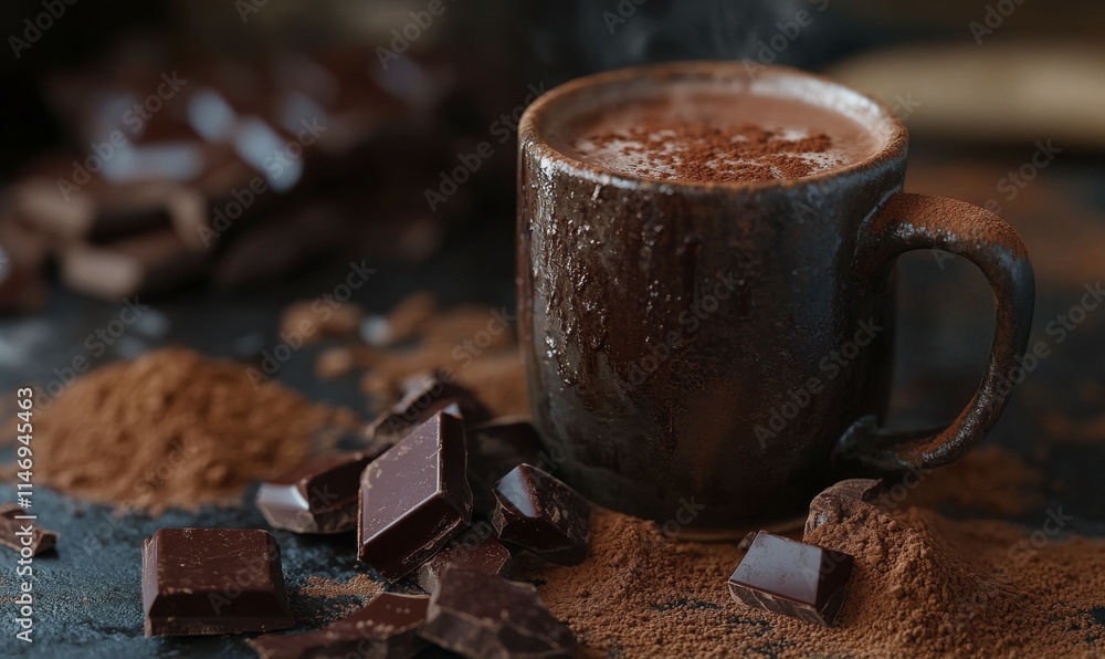 Poster rich hot chocolate with a hint of cinnamon in a rustic mug, surrounded by chocolate chunks and cocoa