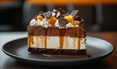 Mocha-flavored ice cream cake with chocolate shards and caramel drizzle, served on a sleek plate. .
