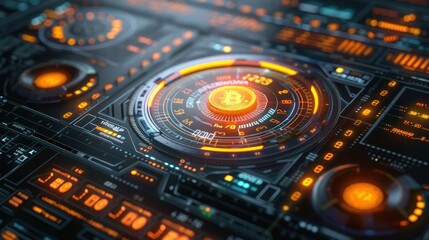 Bitcoin Mining Operation Futuristic Interface Displaying Cryptocurrency Data Analysis and Processing