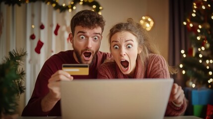 Surprised shopper with a laptop computer when found a good discounted deal in holiday shopping season