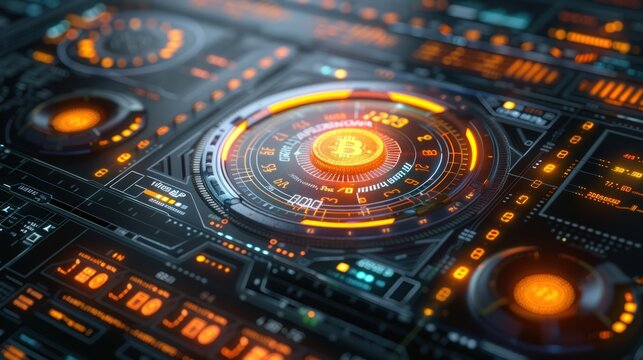 Bitcoin Mining Operation Futuristic Interface Displaying Cryptocurrency Data Analysis and Processing