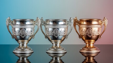 Three ornate trophies in silver, gold, and bronze on a reflective surface.
