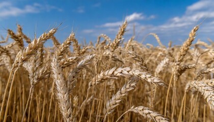 Golden Wheat Field with Ripe Grain Ready for Harvest under a Blue Sky
