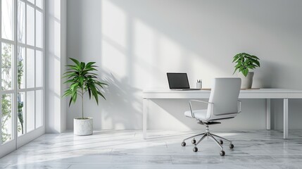 Minimalist Home Office Design: White Workspace with Plants and Laptop