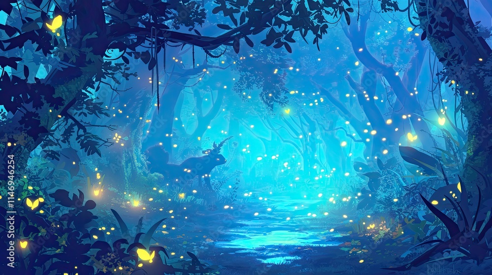 Poster mystical forest filled with glowing fireflies and soft blue light creating an enchanting atmosphere 