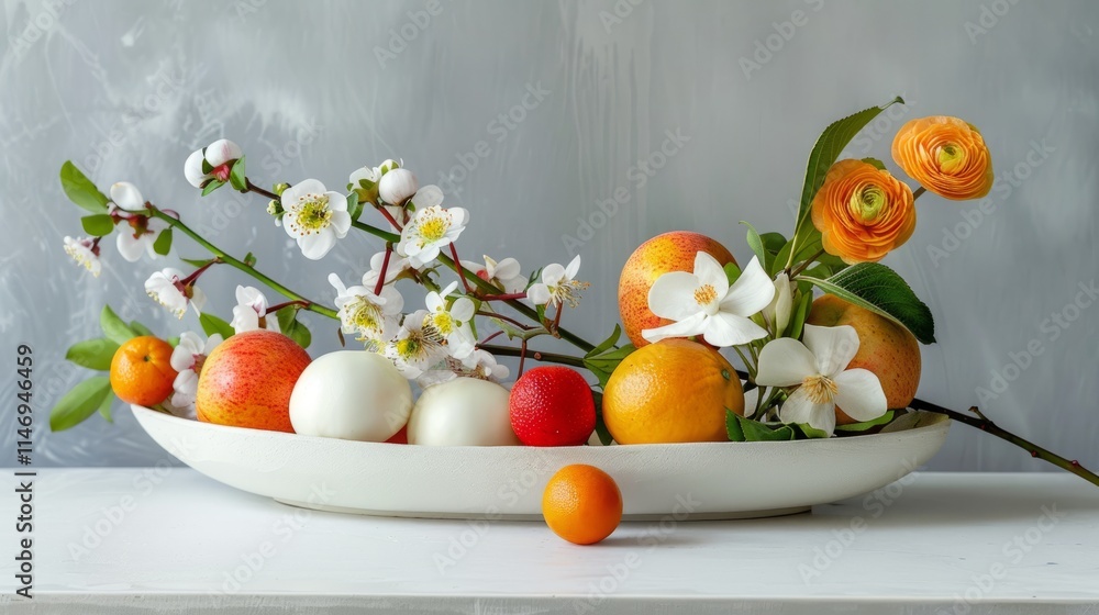 Poster clean lines and minimalist styling characterize this spring fruit arrangement