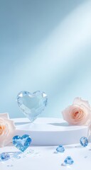 Serene Crystal Heart with Roses: A Romantic Pastel Blue Still Life