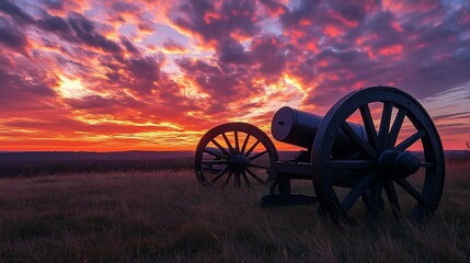 Two cannons on a grassy field during a vibrant sunset.