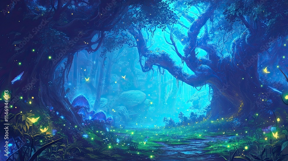 Poster mystical forest filled with glowing fireflies and soft blue light creating an enchanting atmosphere 