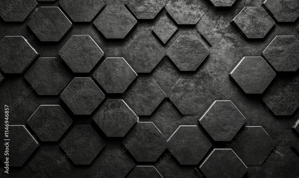 Poster futuristic, high tech, dark background, with a hexagonal cellular structure. wall texture with a 3d 