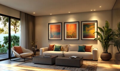 Modern living room interior and three picture frames hanged vertically on a wall one above each other.